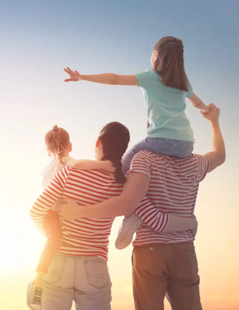 happy family at sunset
